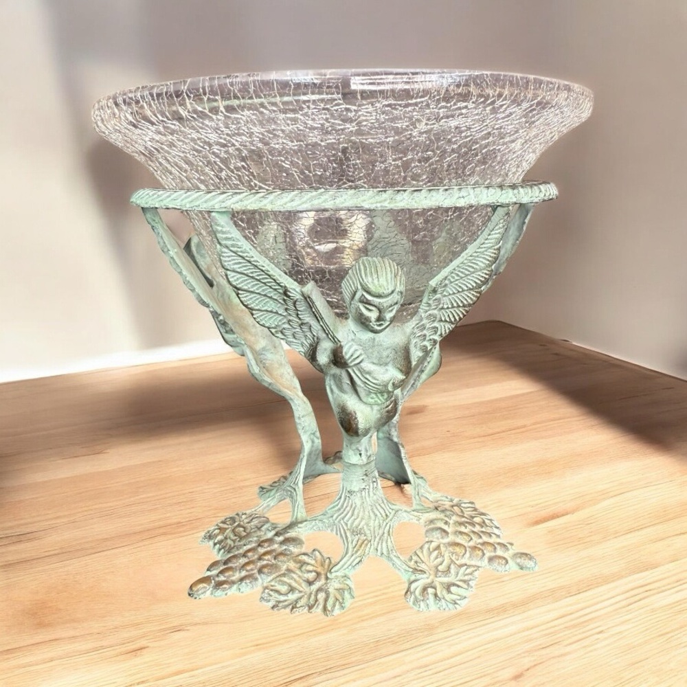 VINTAGE CRACKLE GLASS CENTERPIECE BOWL WITH VERDIGRIS CHERUB BASE